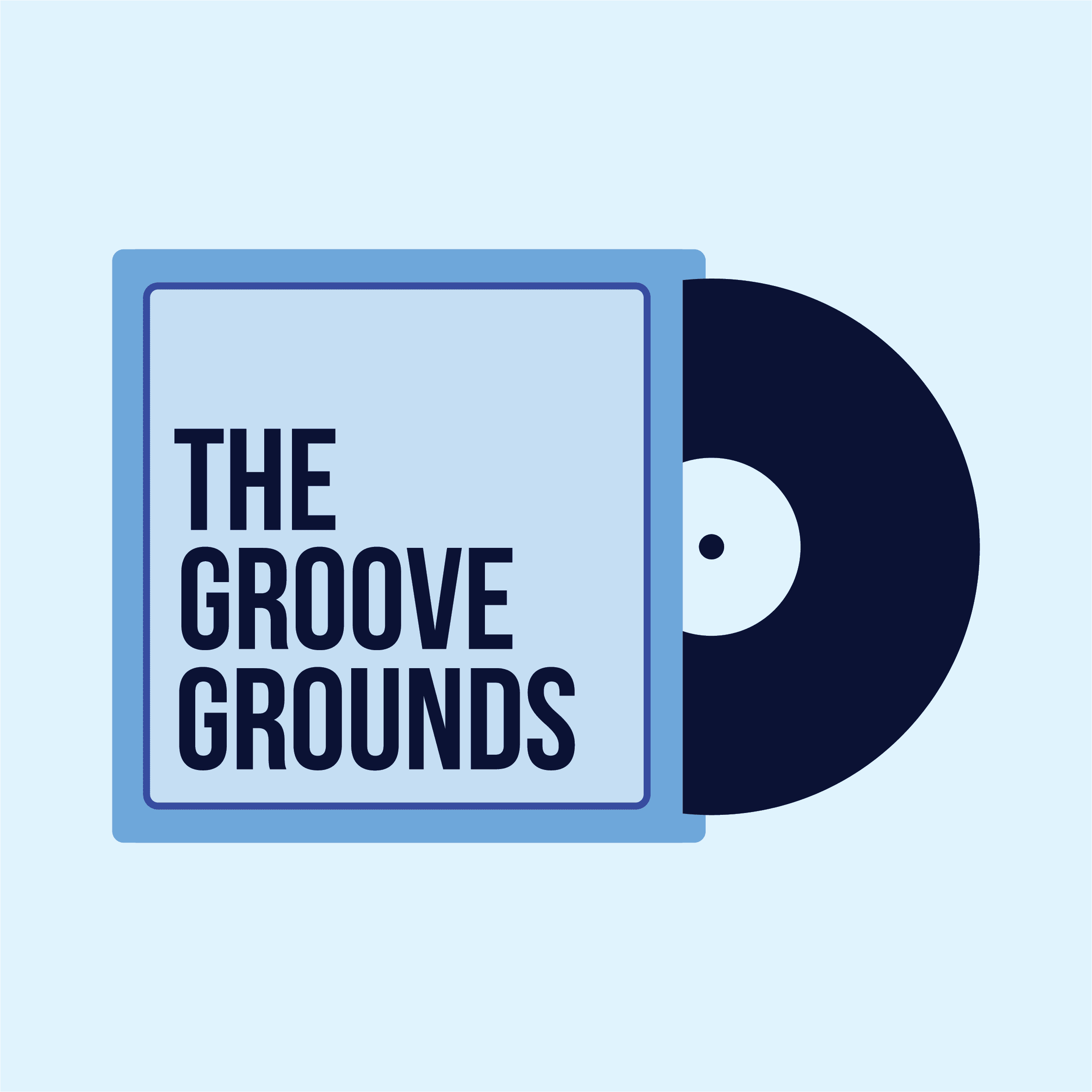 The Groove Grounds logo. A dark purple vinyl record pulled about halfway out of the cover. The cover says "THE GROOVE GROUNDS" in the same dark purple color.