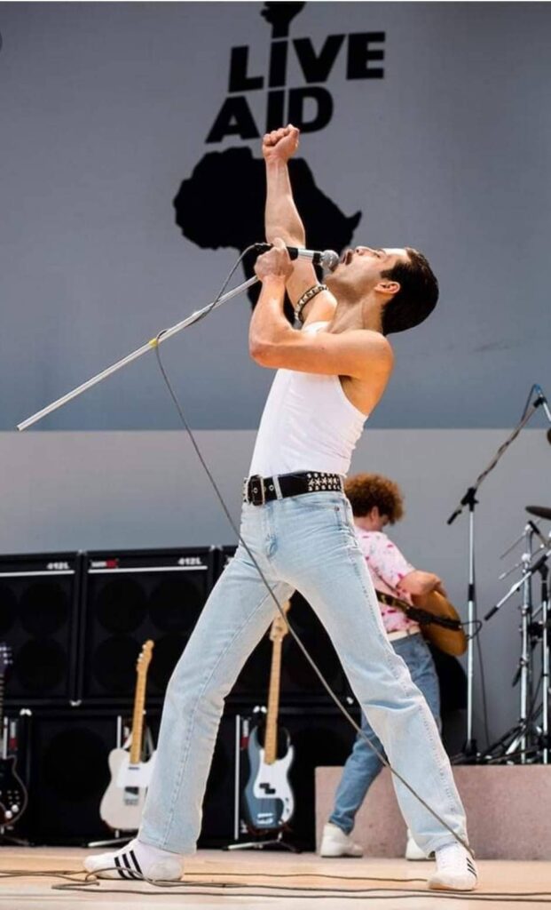 Freddie Mercury singing his heart out at one of his most iconic performances, live aid 1985