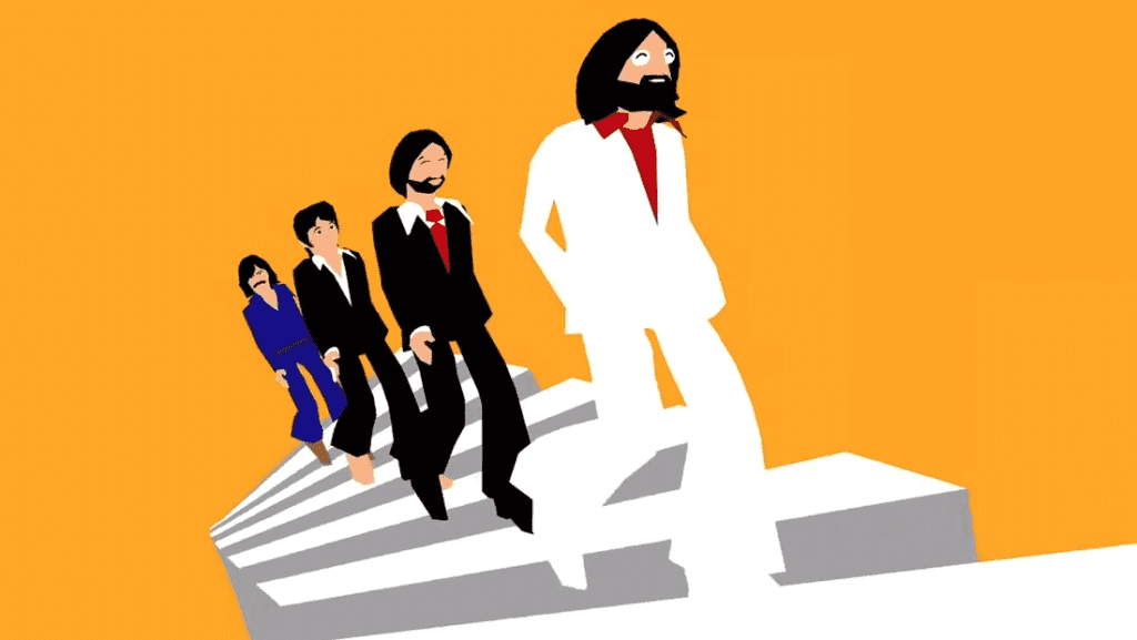 A cartoon depiction of the "Abbey Road" cover from a different angle than usual. It is a screenshot from the "Come Together" music video.