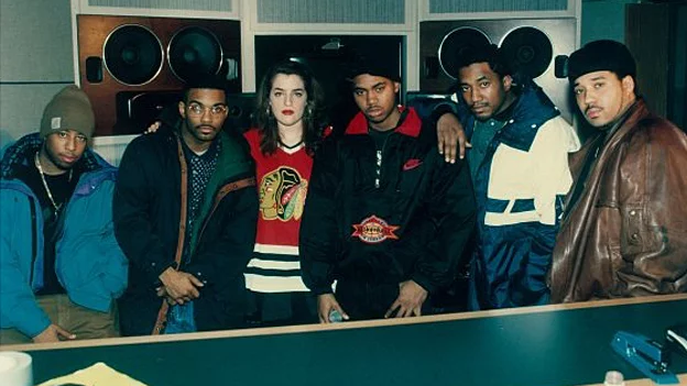 From left to right; DJ Premier, Large Professor, Faith Newman, Nas, Q-Tip and L.E.S. They're in the studio during the making of Illmatic.