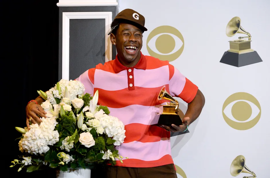 Tyler the Creator poses in the press room with the award for Best Rap Album for "Igor" during the 62nd Annual GRAMMY Awards at Staples Center on Jan. 26, 2020 in Los Angeles.